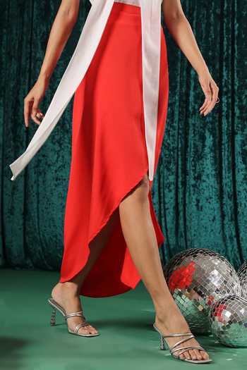 B'Infinite_Red Crepe Asymmetric Midi Skirt For Kids_at_Aza_Fashions