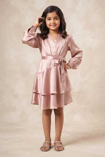B'Infinite Pink Metallic Wrap Dress For Kids