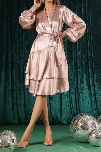 Shop B'Infinite Pink Satin Metallic Wrap Dress For Kids Online at Aza Fashions Shop_B'Infinite_Pink Satin Metallic Wrap Dress For Kids_Online_at_Aza_Fashions