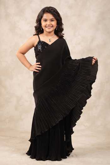 B'Infinite Black Pre Draped Ruffled Saree With Blouse For Kids