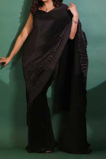 B'Infinite Black Pre Draped Ruffled Saree With Blouse For Kids