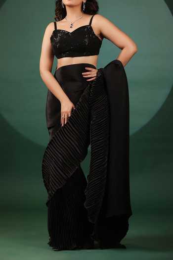 B'Infinite Black Lycra Sequins Pre Draped Ruffled Saree With Blouse For Kids Online at Aza Fashions B'Infinite_Black Lycra Sequins Pre Draped Ruffled Saree With Blouse For Kids_Online_at_Aza_Fashions