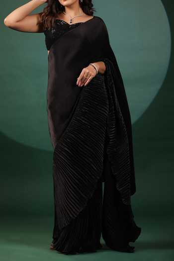 Shop B'Infinite Black Lycra Sequins Pre Draped Ruffled Saree With Blouse For Kids Online at Aza Fashions Shop_B'Infinite_Black Lycra Sequins Pre Draped Ruffled Saree With Blouse For Kids_Online_at_Aza_Fashions