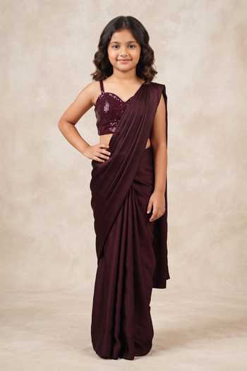 B'Infinite Wine Pre Draped Saree With Corset Blouse For Kids