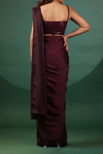 B'Infinite Wine Pre Draped Saree With Corset Blouse For Kids