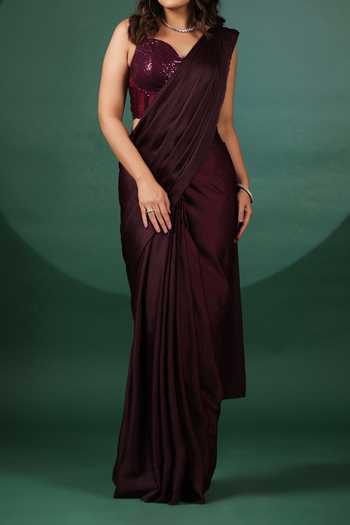 B'Infinite Wine Lycra Sequins Pre Draped Saree With Corset Blouse For Kids Online at Aza Fashions B'Infinite_Wine Lycra Sequins Pre Draped Saree With Corset Blouse For Kids_Online_at_Aza_Fashions