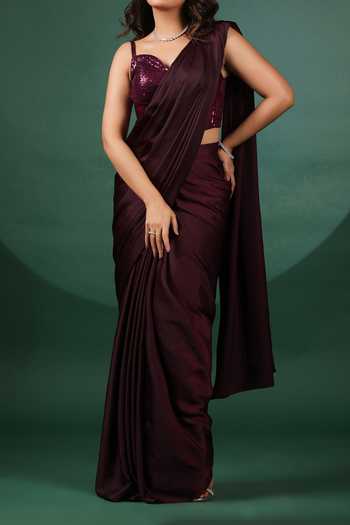 Buy B'Infinite Wine Lycra Sequins Pre Draped Saree With Corset Blouse For Kids Online at Aza Fashions Buy_B'Infinite_Wine Lycra Sequins Pre Draped Saree With Corset Blouse For Kids_Online_at_Aza_Fashions