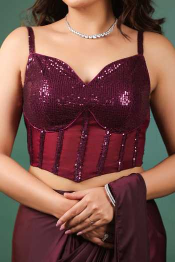 B'Infinite Wine Lycra Sequins Pre Draped Saree With Corset Blouse For Kids at Aza Fashions B'Infinite_Wine Lycra Sequins Pre Draped Saree With Corset Blouse For Kids_at_Aza_Fashions
