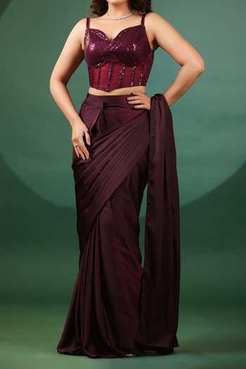 Buy B'Infinite Wine Lycra Sequins Pre Draped Saree With Corset Blouse For Kids Buy_B'Infinite_Wine Lycra Sequins Pre Draped Saree With Corset Blouse For Kids