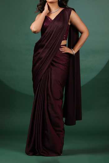 Shop B'Infinite Wine Lycra Sequins Pre Draped Saree With Corset Blouse For Kids Shop_B'Infinite_Wine Lycra Sequins Pre Draped Saree With Corset Blouse For Kids