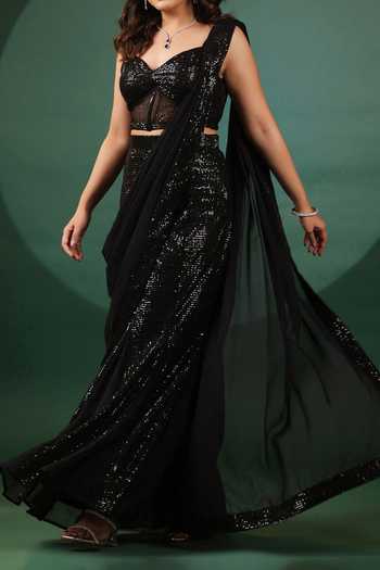 Buy B'Infinite Black Lycra Sequins Pre Draped Mermaid Saree Set For Kids Buy_B'Infinite_Black Lycra Sequins Pre Draped Mermaid Saree Set For Kids