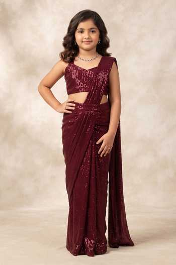 B'Infinite Red Sequined Pre Draped Saree Set For Kids