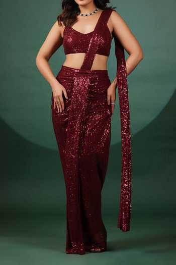 B'Infinite Red Sequined Pre Draped Saree Set For Kids