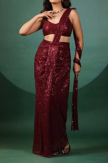 B'Infinite Red Lycra Sequins Pre Draped Saree Set For Kids Online at Aza Fashions B'Infinite_Red Lycra Sequins Pre Draped Saree Set For Kids_Online_at_Aza_Fashions