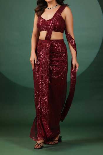 Buy B'Infinite Red Lycra Sequins Pre Draped Saree Set For Kids Online at Aza Fashions Buy_B'Infinite_Red Lycra Sequins Pre Draped Saree Set For Kids_Online_at_Aza_Fashions