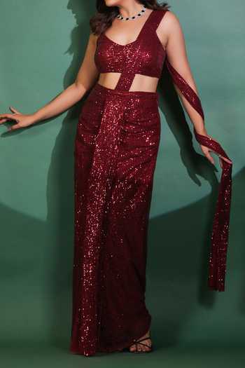 Shop B'Infinite Red Lycra Sequins Pre Draped Saree Set For Kids Online at Aza Fashions Shop_B'Infinite_Red Lycra Sequins Pre Draped Saree Set For Kids_Online_at_Aza_Fashions