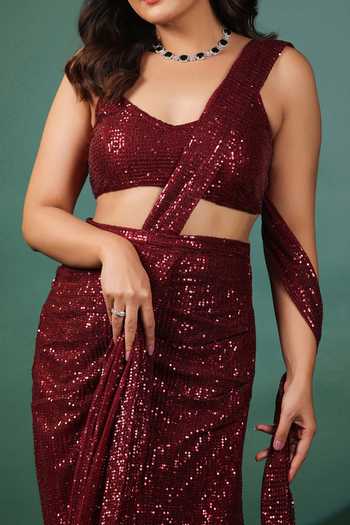 B'Infinite Red Lycra Sequins Pre Draped Saree Set For Kids at Aza Fashions B'Infinite_Red Lycra Sequins Pre Draped Saree Set For Kids_at_Aza_Fashions