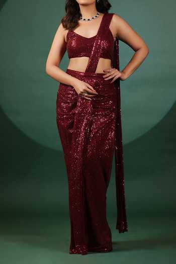 Buy B'Infinite Red Lycra Sequins Pre Draped Saree Set For Kids Buy_B'Infinite_Red Lycra Sequins Pre Draped Saree Set For Kids