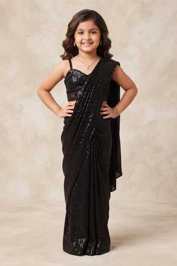 B'Infinite Eclipse Black Sequined Pre Draped Saree & Blouse For Kids
