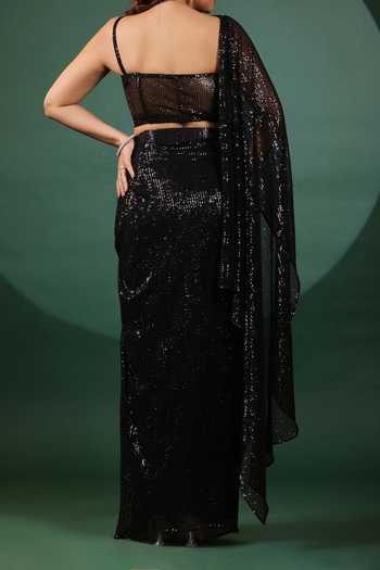 B'Infinite Eclipse Black Sequined Pre Draped Saree & Blouse For Kids