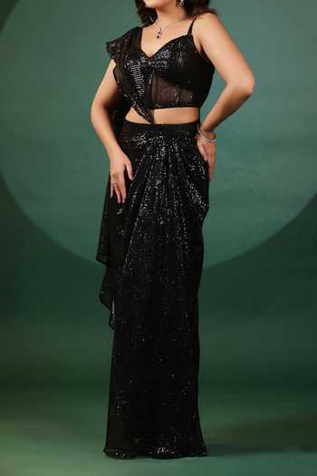 B'Infinite_Black Lycra Sequins Eclipse Pre Draped Saree And Blouse For Kids_Online_at_Aza_Fashions