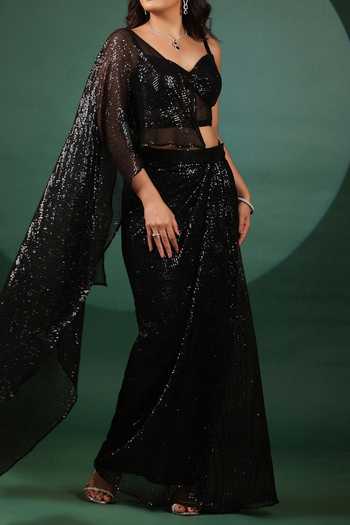 Buy_B'Infinite_Black Lycra Sequins Eclipse Pre Draped Saree And Blouse For Kids_Online_at_Aza_Fashions