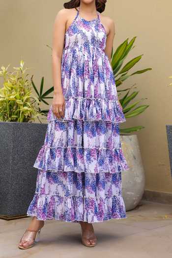 Shop B'Infinite Blue Floral Print Halter Maxi Dress For Kids Online at Aza Fashions Shop_B'Infinite_Blue Floral Print Halter Maxi Dress For Kids_Online_at_Aza_Fashions