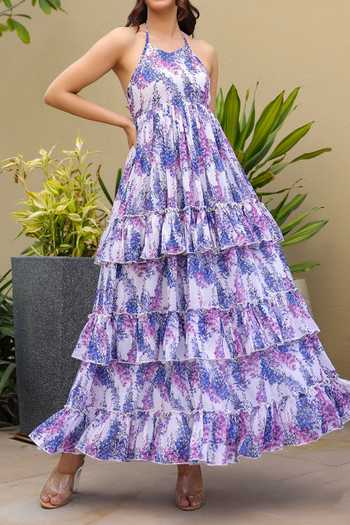 B'Infinite Blue Floral Print Halter Maxi Dress For Kids at Aza Fashions B'Infinite_Blue Floral Print Halter Maxi Dress For Kids_at_Aza_Fashions