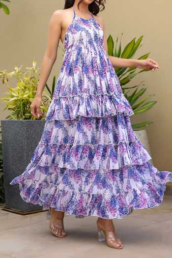 Buy B'Infinite Blue Floral Print Halter Maxi Dress For Kids Buy_B'Infinite_Blue Floral Print Halter Maxi Dress For Kids