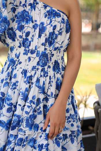 B'Infinite White Floral Print One-shoulder Dress For Kids Online at Aza Fashions B'Infinite_White Floral Print One-shoulder Dress For Kids_Online_at_Aza_Fashions