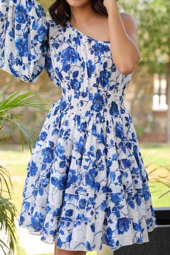 B'Infinite White Floral Print One-shoulder Dress For Kids at Aza Fashions B'Infinite_White Floral Print One-shoulder Dress For Kids_at_Aza_Fashions