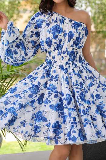 Shop B'Infinite White Floral Print One-shoulder Dress For Kids Shop_B'Infinite_White Floral Print One-shoulder Dress For Kids