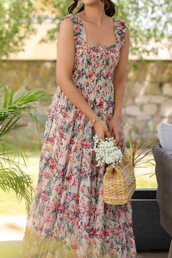 Buy B'Infinite Pink Floral Print Maxi Dress For Kids Online at Aza Fashions Buy_B'Infinite_Pink Floral Print Maxi Dress For Kids_Online_at_Aza_Fashions
