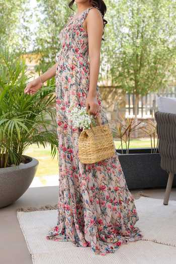 Shop B'Infinite Pink Floral Print Maxi Dress For Kids Online at Aza Fashions Shop_B'Infinite_Pink Floral Print Maxi Dress For Kids_Online_at_Aza_Fashions