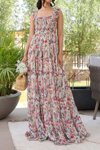 B'Infinite Pink Floral Print Maxi Dress For Kids at Aza Fashions B'Infinite_Pink Floral Print Maxi Dress For Kids_at_Aza_Fashions