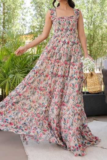 Shop B'Infinite Pink Floral Print Maxi Dress For Kids Shop_B'Infinite_Pink Floral Print Maxi Dress For Kids