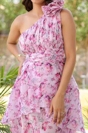 B'Infinite Pink Floral Organza One Shoulder Dress For Kids Online at Aza Fashions B'Infinite_Pink Floral Organza One Shoulder Dress For Kids_Online_at_Aza_Fashions