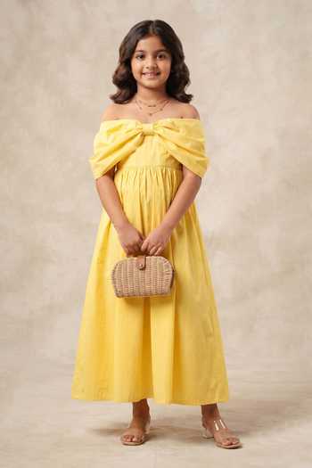 B'Infinite Yellow Cotton Maxi Dress For Kids
