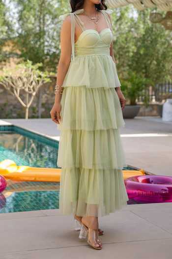 Buy B'Infinite Green Tiered Net Maxi Dress For Kids Online at Aza Fashions Buy_B'Infinite_Green Tiered Net Maxi Dress For Kids_Online_at_Aza_Fashions