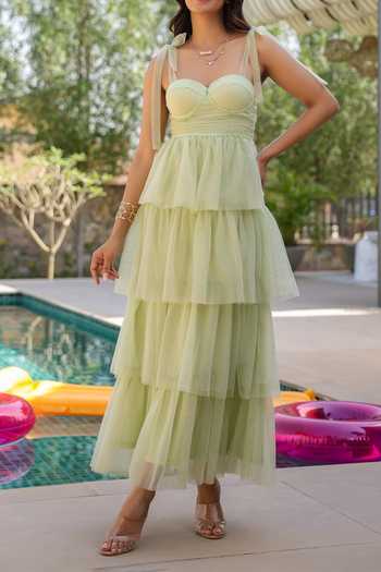 Shop B'Infinite Green Tiered Net Maxi Dress For Kids Online at Aza Fashions Shop_B'Infinite_Green Tiered Net Maxi Dress For Kids_Online_at_Aza_Fashions