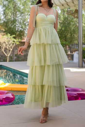 B'Infinite Green Tiered Net Maxi Dress For Kids at Aza Fashions B'Infinite_Green Tiered Net Maxi Dress For Kids_at_Aza_Fashions