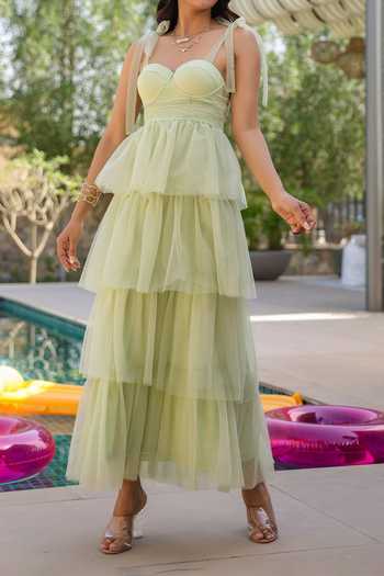 Buy B'Infinite Green Tiered Net Maxi Dress For Kids Buy_B'Infinite_Green Tiered Net Maxi Dress For Kids