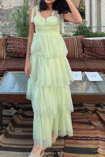 Shop B'Infinite Green Tiered Net Maxi Dress For Kids Shop_B'Infinite_Green Tiered Net Maxi Dress For Kids