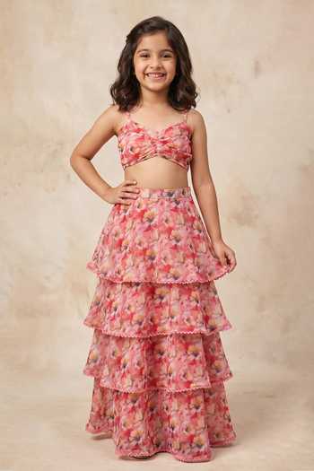 B'Infinite Floral Print Georgette Skirt Set For Kids