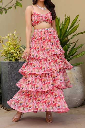 B'Infinite Floral Print Georgette Skirt Set For Kids