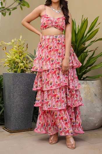 Shop B'Infinite Red Floral Print Georgette Skirt Set For Kids Online at Aza Fashions Shop_B'Infinite_Red Floral Print Georgette Skirt Set For Kids_Online_at_Aza_Fashions