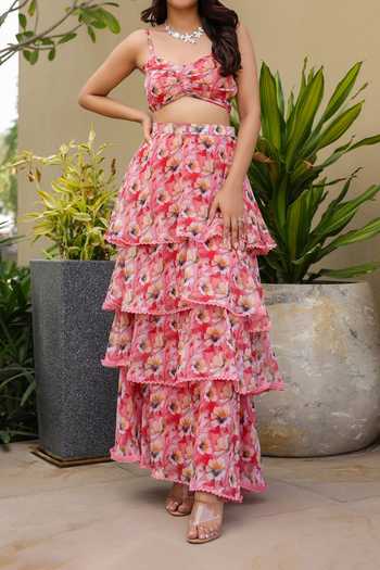 B'Infinite Red Floral Print Georgette Skirt Set For Kids at Aza Fashions B'Infinite_Red Floral Print Georgette Skirt Set For Kids_at_Aza_Fashions