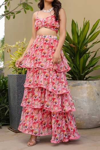 Buy B'Infinite Red Floral Print Georgette Skirt Set For Kids Buy_B'Infinite_Red Floral Print Georgette Skirt Set For Kids