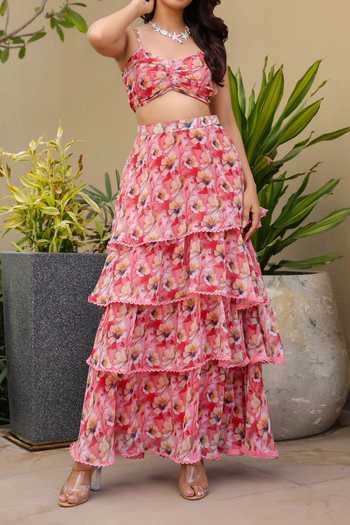 Shop B'Infinite Red Floral Print Georgette Skirt Set For Kids Shop_B'Infinite_Red Floral Print Georgette Skirt Set For Kids