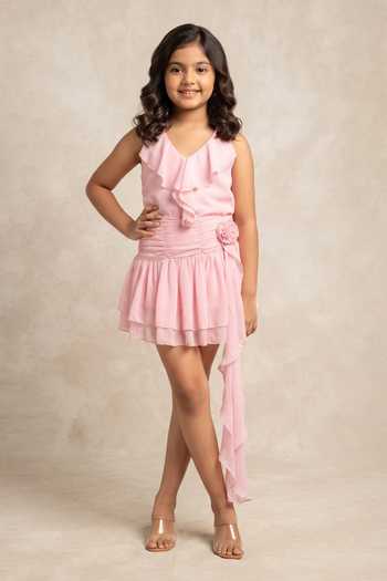 B'Infinite Ruffled Pink Georgette Skirt Set For Kids